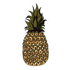 Sticker of pineapple pop art style on black background. Exotic tropical fruit. Cute vector fruits sticker.  Colourful original trendy character. Tropical pineapples in a Zine