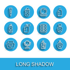 Set line Cream or lotion cosmetic tube, Round makeup mirror, Perfume, and Eye shadow palette icon. Vector