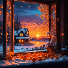 Fototapeta premium beautiful illuminated view from a window decorated with orange peels with attractive light and details 