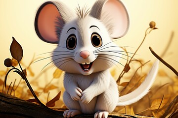 Cartoon mouse, perched on the ground, emits an endearing charm - obrazy, fototapety, plakaty