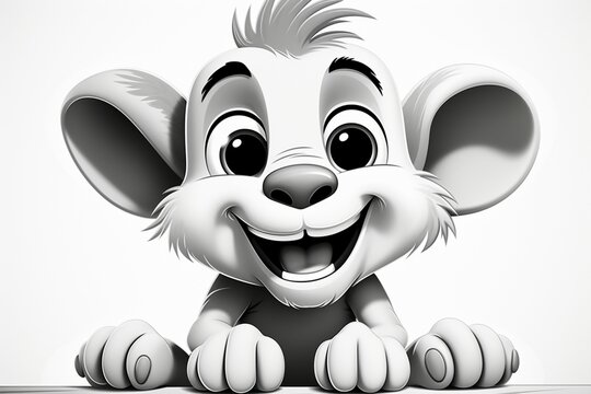 Cartoon monkey sits, big smile and open eyes, in monochrome