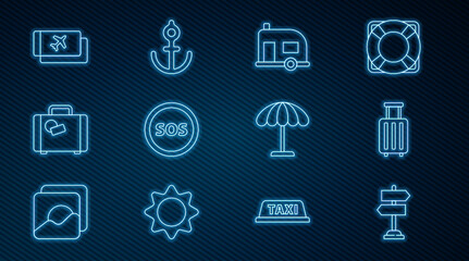 Fototapeta premium Set line Road traffic sign, Suitcase, Rv Camping trailer, Location with SOS, Airline ticket, Sun protective umbrella for beach and Anchor icon. Vector