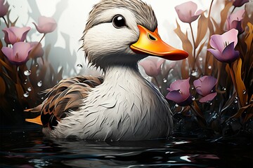 Duck wading in tranquil water, surrounded by vibrant aquatic blooms