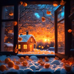 Fototapeta premium beautiful illuminated view from a window decorated with orange peels with attractive light and details 