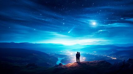 silhouette of a heterosexual couple standing on top of a mountain watching the starry sky and meteorite over the city