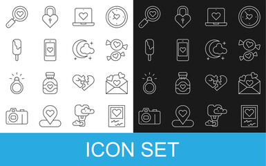 Set line Photo frames and hearts, Envelope with Valentine, Candy, Dating app online, Mobile, Ice cream, Search love and Moon stars icon. Vector