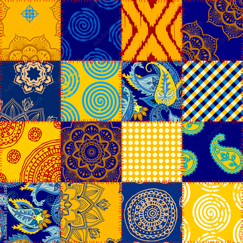 Poster textile patchwork pattern with blue and yellow colors. vector image