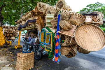 Tricycle packed with baskets for sale, Ilocos, Philippines, Asia