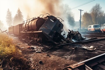 Accident derailment: train crashed at railroad crossing. Generative AI - obrazy, fototapety, plakaty
