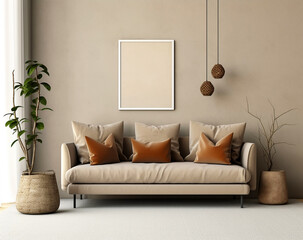 Interior of elegant living room with sofa, Flower in vase and frames mockup, AI Generated