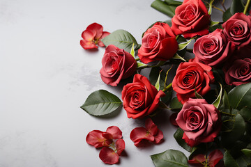 Generative AI - A bouquet of red roses with presents background with copy space