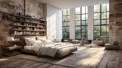 Interior of loft style bedroom in luxury villa or studio apartment. Simple wooden bed and bedside tables, bookshelves, chillout area, panoramic windows with park view. Ecodesign. 3D rendering.