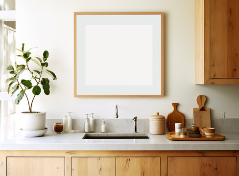 Modern composition on the kitchen interior with mock up photo frame, wooden cutting board and kitchen accessories