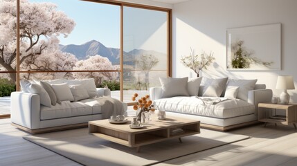 Interior of minimalist scandi living room in luxury villa. Stylish cushioned furniture, coffee table, poster, panoramic windows overlooking scenic landscape. Ecodesign. 3D rendering.