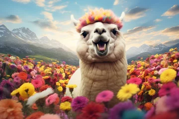 Fotobehang Laughing Alpaca in a Colorful Meadow, on the flower field background and blue sky © zakiroff