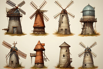 Illustration ancient windmill wind power classic renewable energy light brown background