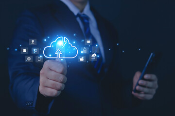 Businessman showing cloud computing icon A network of cloud computers connected to an Internet server service for cloud data transfer. cloud computing technology