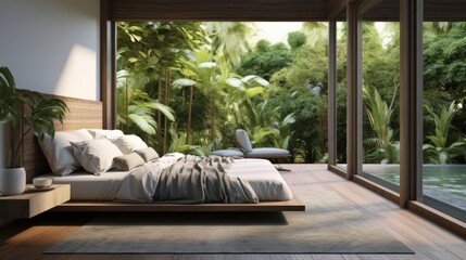 Fototapeta premium Interior of cozy minimalist bedroom in luxury villa or hotel. Decorative wall, wooden floor, comfortable bed, terrace, floor-to-ceiling windows with garden view. Ecostyle home design. 3D rendering.
