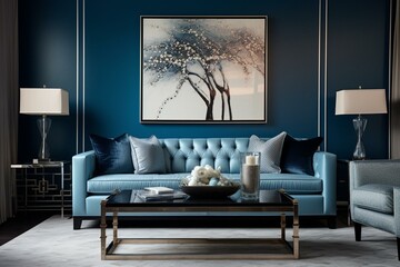 Stylish contemporary upscale living area with elegant blue color scheme. Generative AI