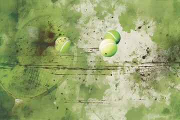 Tennis-themed backdrop with distressed texture in green, featuring splatter patterns. Generative AI