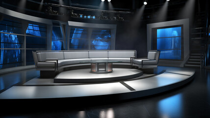 Naklejka premium Television or theater studio, interior. Room for filming talk shows and other TV programs. AI generated.