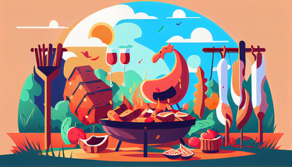 Barbecue at a picnic. Camping, meat grill party concept. Abstract illustration. AI generated.