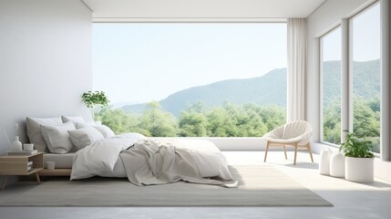Interior of minimalist scandi bedroom in luxury villa or hotel. Large comfortable bed, armchair, houseplants, panoramic windows overlooking scenic summer landscape. Ecodesign. Mockup, 3D rendering.