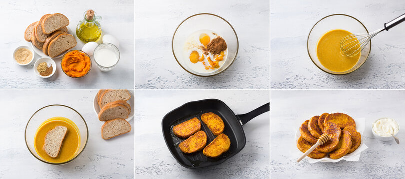Making sweet pumpkin cinnamon ginger toast, collage, step by step, diy, ingredients, cooking steps, final dish on light blue table