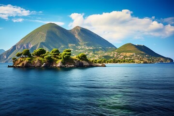 Scenic summer view of volcano island in Lipari, Sicily. Generative AI