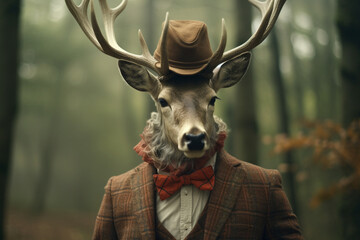 a cool deer wearing a hat - obrazy, fototapety, plakaty