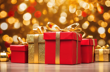 Christmas with gift boxes red and gold background and bokeh, Colorful story concept
