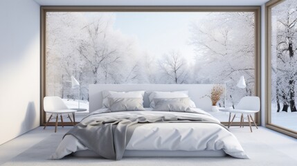 Interior of white minimalist scandi bedroom in luxury villa or hotel. Large comfortable bed, chairs, panoramic window with scenic winter forest view. Ecodesign. Mockup, 3D rendering.