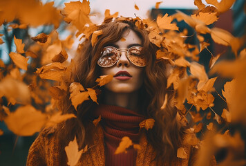 a woman wearing sunglasses buried in fallen leaves
