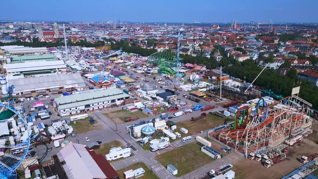 Fantastic aerial top view drone roller coaster Bavaria October Festival Munich