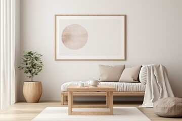 Elegant Scandinavian living room with a mock up poster frame, wooden stool, teapot, rattan pouf, plaid, and fine accents in beige. Generative AI