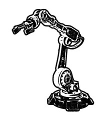 Robotic arm retro stencil illustration stamp with distressed grunge texture isolated on transparent background