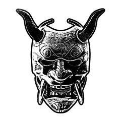 Japanese Oni mask retro stencil illustration stamp with distressed grunge texture isolated on transparent background