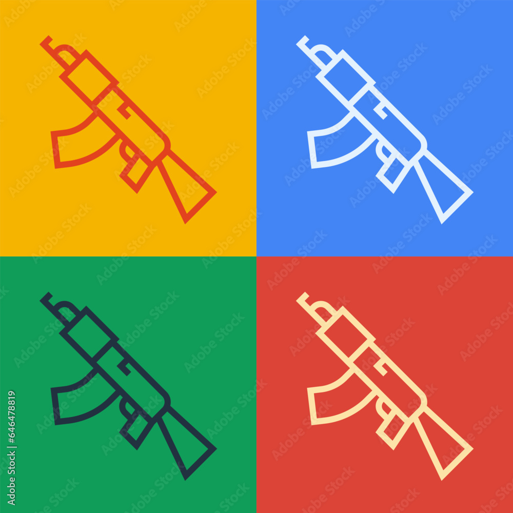 Poster pop art line submachine gun icon isolated on color background. kalashnikov or ak47. vector