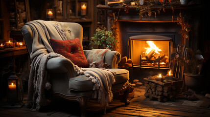 Chair and warm fireplace.