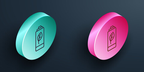 Isometric line Eco nature leaf and battery icon isolated on black background. Energy based on ecology saving concept. Turquoise and pink circle button. Vector