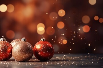 Fototapeta premium Photo of red and gold Christmas baubles on a festive table against a colourful background created with Generative AI technology