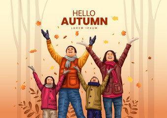 hello autumn holyday. Beautiful young family enjoying in autumn forest.