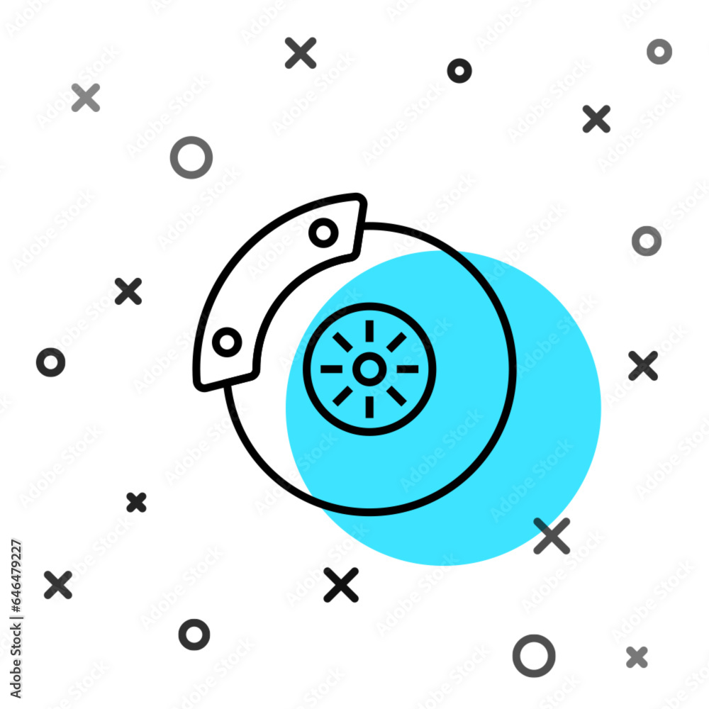 Poster black line car brake disk with caliper icon isolated on white background. random dynamic shapes. vec