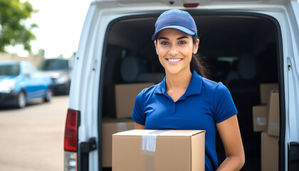 Portrait of a smiling delivery woman in a cap and uniform standing with a box in her hands near the trunk of a van - obrazy, fototapety, plakaty