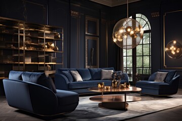 beautiful design classic modern classic living room in dark blue color scheme unique furniture design daylight house beautiful background