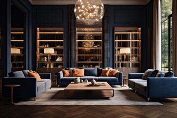 library denroom home interior design and decoration blue color classic decorate in classic formal living room with big window and daylight home interior design concept