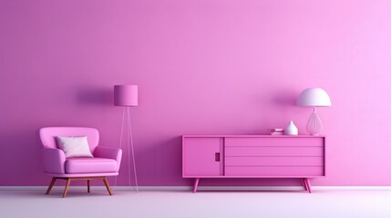Stylish minimalist monochrome interior of modern cozy living room in pastel purple tones. Trendy armchair, commode, floor lamp, table lamp. Creative home design. Mockup, 3D rendering.