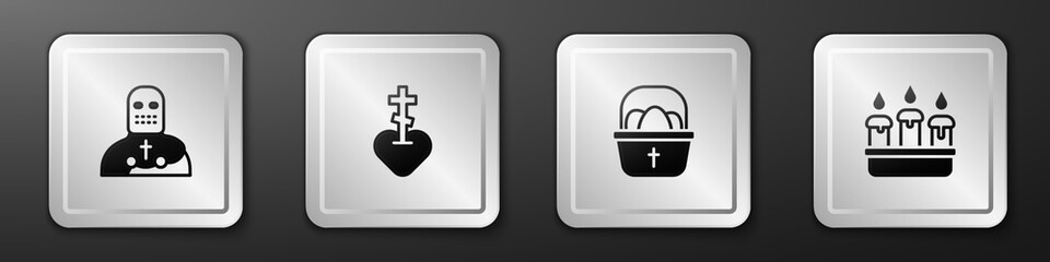 Set Knight crusader, Religious cross in heart, Basket with easter eggs and Burning candle candlestick icon. Silver square button. Vector