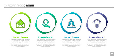 Set Envelope with Valentine heart, Hand holding Earth globe, Emergency medical tent and Humanitarian aid. Business infographic template. Vector