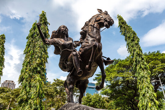 Statue of female warrior - Gabriela Silang - on a horse in Makati, Manila, Philippines, Asia